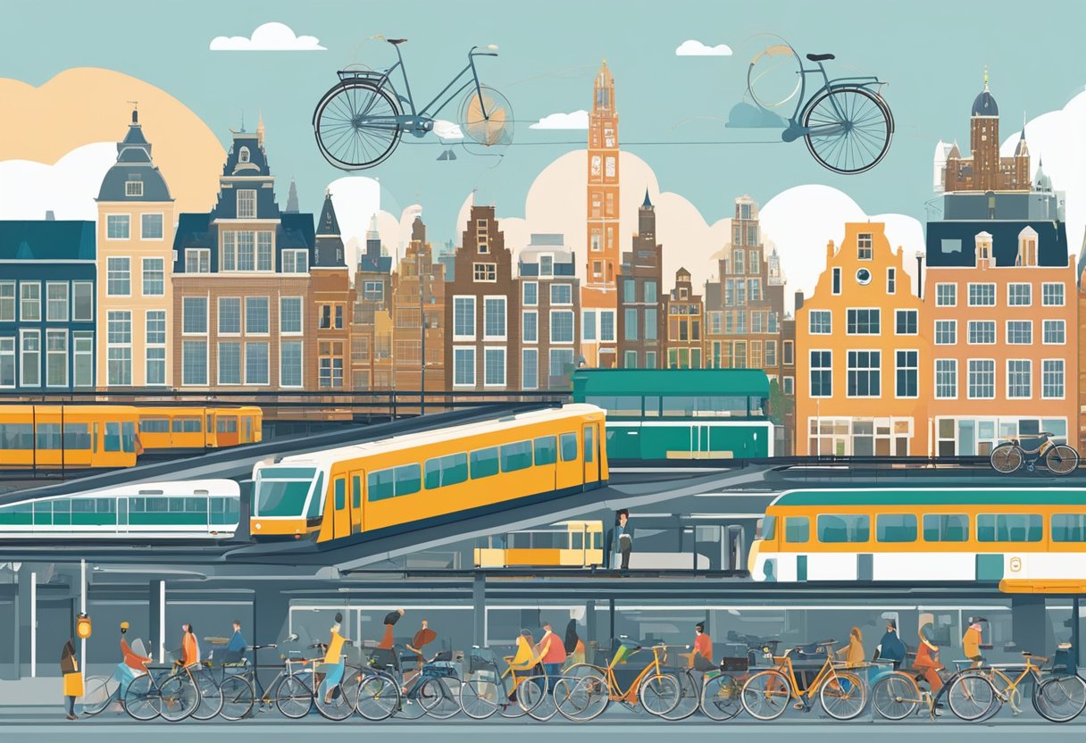 A network of trains, buses, and bicycles connect the top 5 Dutch cities, with iconic landmarks in the background