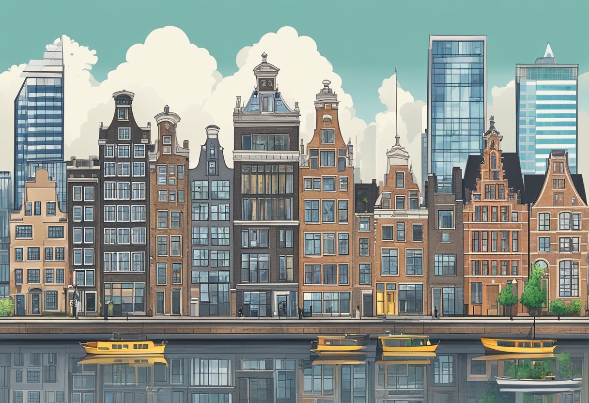 The skyline of Amsterdam, Rotterdam, The Hague, Utrecht, and Eindhoven, showcasing a mix of modern skyscrapers and historic architecture, with bustling city life and vibrant economic activity